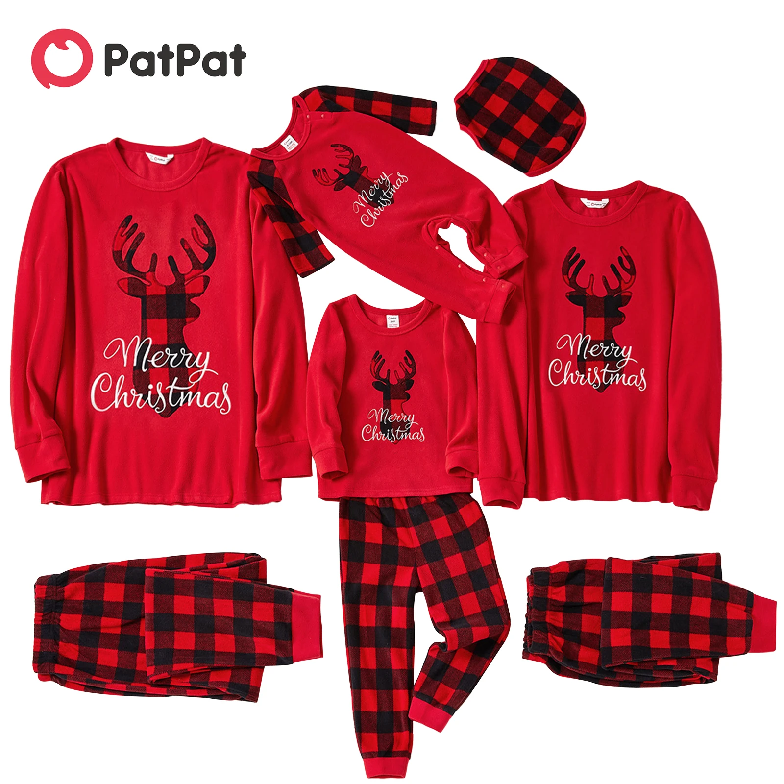 PatPat Vianočné Jelene a List Vyšívané Červená Rodiny Zodpovedajúce Long-sleeve Polar Fleece Pyžamo Súpravy (Flame Resistant)
