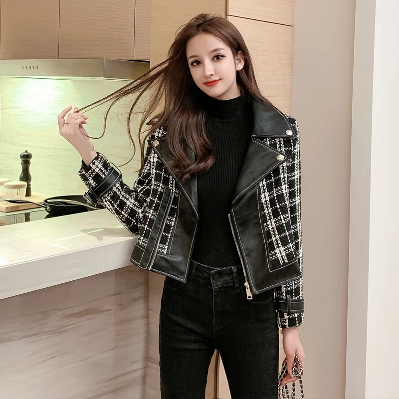 Malé voňavé tweed šitie PU kožené pekný kórejský bunda na motocykel bunda dámske trend