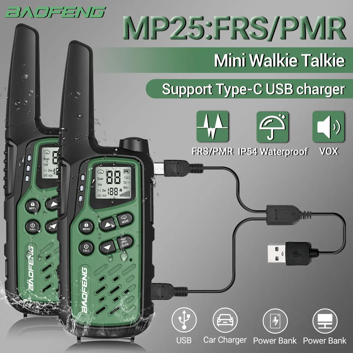 2Pack Baofeng MP25 PMR446/FRS Dlhý Rad Nabíjateľná Typ-C Nabíjanie Mini Walkie Talkie S LCD Displejom Baterka obojsmerná Rádiová