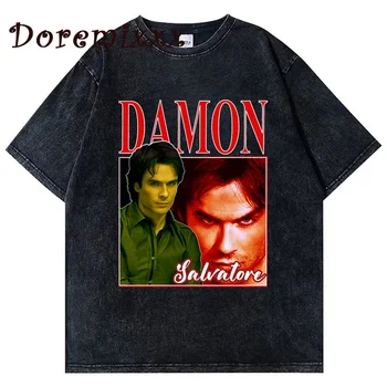 100% Bavlna Prať T-shirt Damon Salvatore Vintage 90. rokov Grafické T-Shirt Mens Košele Bavlna Tee Tričká Unisex Nadrozmerné Topy
