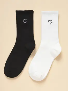 2 Páry Stredného Trubice Ponožky Čierne a Biele Ponožky Nastaviť Srdce Vzor Pre Ženy Módny Štýl Bežné Pohodlné Pre Famle