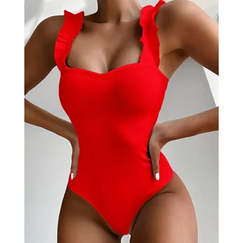 2021 Nové Červené Sexy Jednodielne Plavky Ženy Prehrabať Plavky S Push Up Monokiny Plavky Leto, Pláž Nosiť Plávanie Oblek