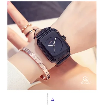 2022 Módne GUOU Značky Jednoduchý Obdĺžnik Hardlex Tvár Kožené náramkové hodinky Quartz Hodinky, Náramok pre Ženy, Dámy, Ženy Hodiny