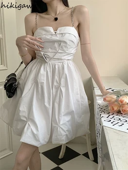 2023 Faldas Mujer De Moda Fashion Biele Šaty Žien Backless Záhyby Šatka Sexy Župan Femme Štíhly Pás Tunika Kórejský Letné Šaty