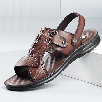 2023 Lete Jednoduché pánske Sandále pravej Kože Ležérne Módne Pohodlné Plážové Topánky Elastickej a Non-slip Dva-Nosiť Sandále
