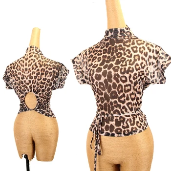 2023 Lete latinskej Tanca Topy Ženy Krátke Rukávy Leopard Čierne Sexy Topy latinskej Praxi Oblečenie Rumba, Tanečné Nosiť Dospelých DNV17884