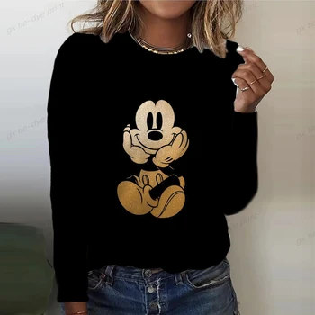 2023 Žien O-krku Nové tričko Disney Mickey Mouse Tlače Top Jar Jeseň Dlhým rukávom Príležitostné Voľné Vintage Žien T-shirt