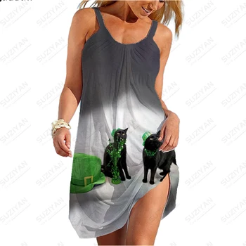 2023Summer Nové Sexy Popruh Plážové Sukne Tichom Ošípaných Cute Cat 3D Tlač dámske Šaty bez Rukávov Havaj Bežné U Krku Pláži Roztomilé Sukne