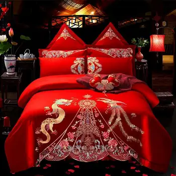 4/6/8/10 Ks Dragon & Phoenix Výšivky 100% Bavlnená posteľná bielizeň Nastaviť Deluxe svadobné červená prehoz cez posteľ obliečka na vankúš