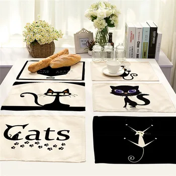 42x32cm Roztomilý Black Cat Vzor Bielizeň Pad Jedálenský Stôl Rohože Dráha Misy Pohár Mat Vzor Kuchyňa Placemat pre Domova Dary