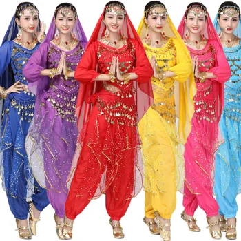 4pcs/Set Ženy, Brušný Tanec Kostýmy Dlhý Rukáv Orientálna Egypt, Brušný Tanec pre Dospelých Bollywood Kostýmy Indickej Fáze Oblečenie