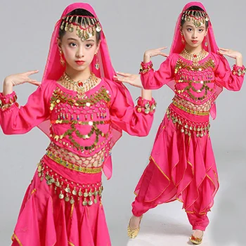 5 ks Dlhý Rukáv Dievča, Brušný Tanec Oblek pre Dievčatá Indickej Fáze Tanečné Šaty Deti Fáze Tanečné Kostýmy Deti Brucho Oblečenie Set