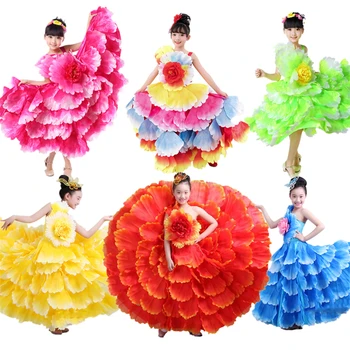 6Color španielsky Šaty pre Dievčatá Flamenco Tanec Cigán Sukne Fáze Výkonu Nosenie Zbor Šaty Petal Deti Kostýmy 100-160 CM