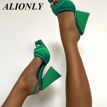 Alionly Hodváb Zelená Vysoké Podpätky, Topánky pre Ženy Móda 2023 Lete Otvorené Prst Trojuholník, Štvorec Podpätky Zadný Popruh Sandále