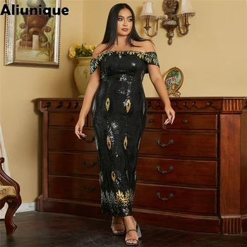 Aliunique Plus Veľkosť Off Ramenný Sequin Black Maxi Šaty Na Ples Svadobné Elegantné Ženy Formálne Šaty Koktail Party Večerné Šaty