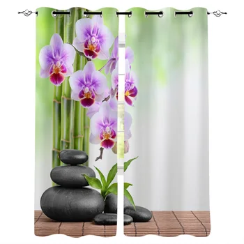 Bamboo Orchid Zen Žalúzie Obývacia Izba, Kúpeľňa Spálňa Decor Tlač Záclonové Panely S Osadené Priechodkami Záclony Detská Izba