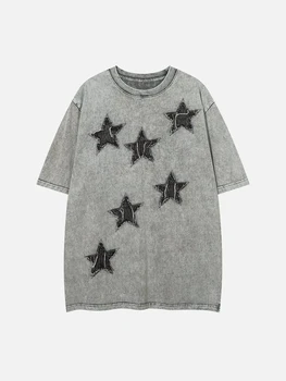 Bavlna dámske 2023 Street Oblečenie T-shirt Harajuku Punk Gotický Hip Hop Výšivky Star Patch Umývanie T-shirt Y2K Voľné Top