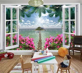 beibehang Vlastnú tapetu 3D nástenná maľba okno coconut tree seascape červený kvet kamenná cesta ostrov stenu papiere domova tapety