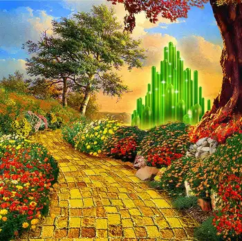 bezšvové smaragdové mesto hrad yellow brick road kvet, strom foto pozadia pozadie pre fotografovanie vinylbirthday strany