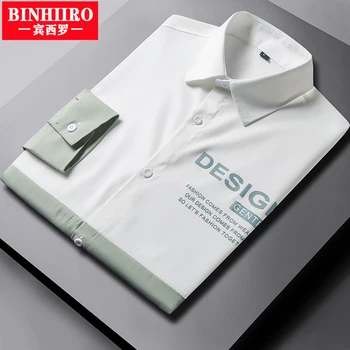 BINHIIRO Jar Tričko s Dlhým Rukávom Business Bežné Tlač Tričko Bez žehlenie Slim Naopak, šitie Značky Kvalitné Tričko Mužov