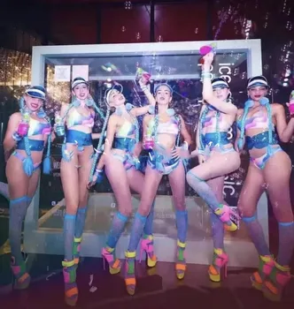 Blue rainbow bikini vyhovovali priehľadný pás klobúk strany nočný klub oblasti bar sexy gogo kostým