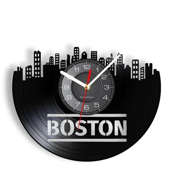 Boston Krajiny Laserom Rezané Longplay Nástenné Hodiny Mesto Ameriky Panoráma Vinyl Hodinky Orientačný bod Moderné Nástenné-art Decor