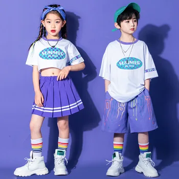 Deti Sála Hip Hop Tanečné Oblečenie Tričko Streetwear Fialová Mini Sukne Pre Dievčatá Chlapci Jazz Tanečné Kostýmy Fáze Nosiť Oblečenie