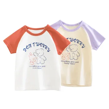 Detské Letné Krátke rukávy T-shirt 2023 Dievčatká Cartoon Medveď kórejský Štýl Pol-rukáv Topy, Šaty Veľkoobchod