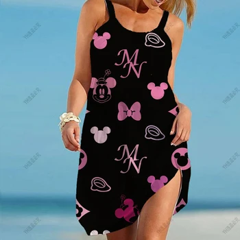 Dievča Šaty Disney Minnie Elegantné Šaty Boho 2023 Šatka Lete Žena, Voľné Pláže Sexy Kreslených bez Rukávov noty Tlač