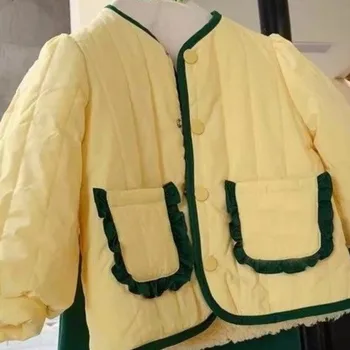 Dievčatá Kabát, Bundu Bavlna Outwear Vetru 2023 Žltá Teplé Zahustiť Plus Velvet Zimná Fleece detské Oblečenie