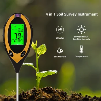 Digitálny 4 V 1 Pôdne PH Meter Vlhkosti Monitorovanie Teploty Slnečnému žiareniu Tester pre Záhradné Rastliny Poľnohospodárstva s Blacklight