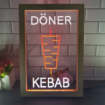 Doner Kebab Reštaurácia Caf Dekorácie Bar Dual Farebné LED Neónový nápis Photo Frame Spálňa Stôl 3D Nočné Svetlo