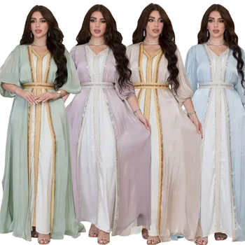 Dubaj Abaya Luxus Pre Moslimské Ženy Diamanty tvaru Čipky Pásky Belted Kaftan 2ks Skromné Módne Dlhé Šaty Ramadánu Oblečenie