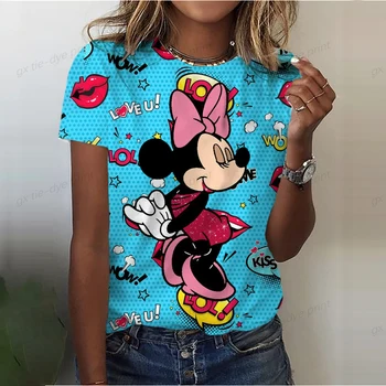 Dámske Letné Nové Módne Disney Mickey Minnie 3D Vytlačené Havajské Krátky Rukáv T-shirt dámske O-krku Bežné Beach Štýl Top