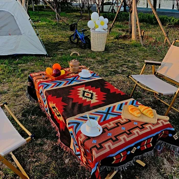 Etnické Pikniková Deka Prenosné Geometrické Outdoor Camping Mat s Strapec Vonkajšie Piknik Mat Skladacia Bavlna Pletené Gobelín