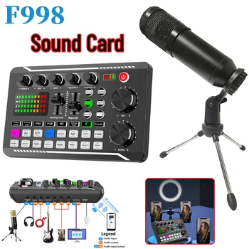 F998 Zvuková Karta Profesionálne Bluetooth-Kompatibilné Štúdio, Nahrávať Zvukové Karty Auta s Kábla Telefón Počítač Live Audio Mixer