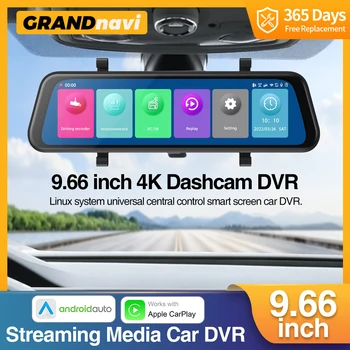 Grandnavi 4K Auta DVR Zrkadlo fotoaparátu na auto dotykový displej Dash cam Záznamník Duálny Objektív Noc Verzia Carplay Android Auto 9.66 palec