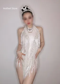 High-end prispôsobené pearl white strapec leaf fialová strapec sequin jednodielne šaty pre nočný klub strany gogo hostí na noc perfor