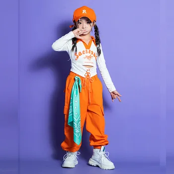 Hip Hop Streetwear Sady Girls Long sleeve T shirt Cargo Nohavice Tanečnej Show Dieťa Oblečenie orange Pohode Deti Tanečník Dievča jazz kostým