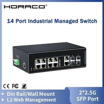 HORACO Gigabit Priemyselné Riadený Prepínač 14 Port 1000Base-T Siete Ethernet Switcher,DIN lištu 2,5 G SFP Uplink L2 Web Management
