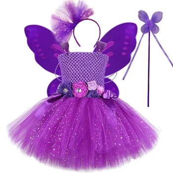Iskrivý Fialová Víla Tutu Šaty pre Dievčatká Halloween Kostým Trblietavý Butterfly Princezná Šaty s Krídlami Deti Narodeniny