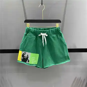 Jar Leto Dámy Nové Módy Zelené Tlač Vzor Príležitostné Športové Šortky Ženy Príležitostné Voľné Širokú Nohu A-line Hot Pants Trend Ružová