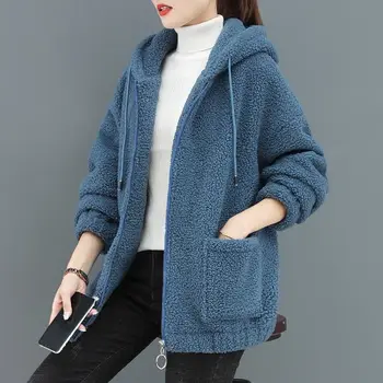 Jednofarebné baránok cashmere cardigan sveter pre ženy, plyšové a hrubé jeseň a v zime s kapucňou a minimalistický bunda pre ženy