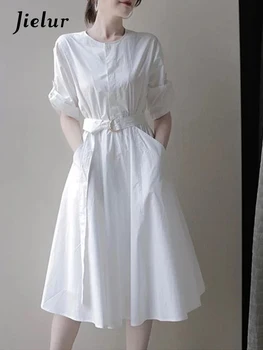 Jielur Nové Biele Tričko Oblečenie dámske Letné francúzsky Módny Elegantná Dáma Šaty okolo Krku Čipky A-line Šaty High Street