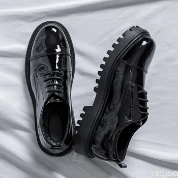 Kožené Topánky Mužov Úrad Bežné Vysokej Platforme Patent Kožené Topánky Muž Harajuku Kórejský Streetwear Vintage Svadobné Topánky