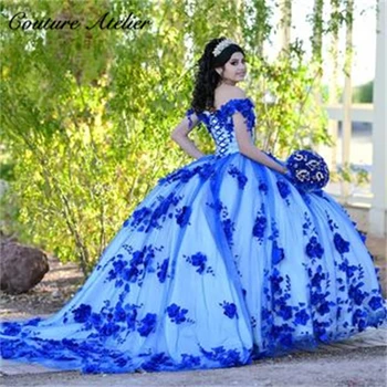 Kráľovská Modrá Korálkové Perly 3D Kvety Quinceanera Šaty Ramena plesové Šaty, Sladkých Šestnásť Šaty Svadobné Šaty Tylu vesti