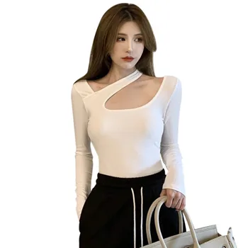Kórejská Verzia s uväzovaním za Duté Z Slim T-shirt Pre Ženy Farbou Sexy Dlhé Rukávy Bežné Tričká Lete Dievčenskú Univerzálny Pu