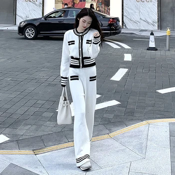 Kórejský Elegantný Pruhovaný Slim Pletené Krátke Cardigan 2 Ks Súpravy O-Krku Knitwear Topy Oblečenie Biele Širokú Nohu Capris Nohavice Tepláky