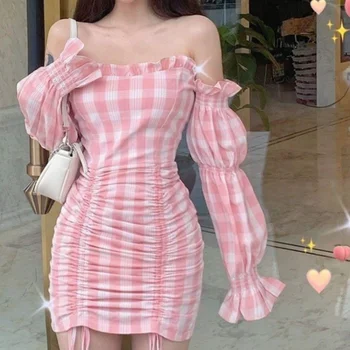 Kórejský Hotsweet Ružové Šaty Lomka Krku Koberčeky Jahoda Šaty Vintage Skladaný Lístkového Rukáv Víla Šaty Maiden Zadok Y2k Šaty