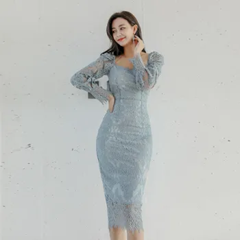 Kórejský Nové Elegantné Svetlo Modrá Čipky Šaty Elegantné Lístkového Rukáv Štvorcového Tvaru Slim Formálnej Strany Klubu Šaty 2021 Jar, Jeseň